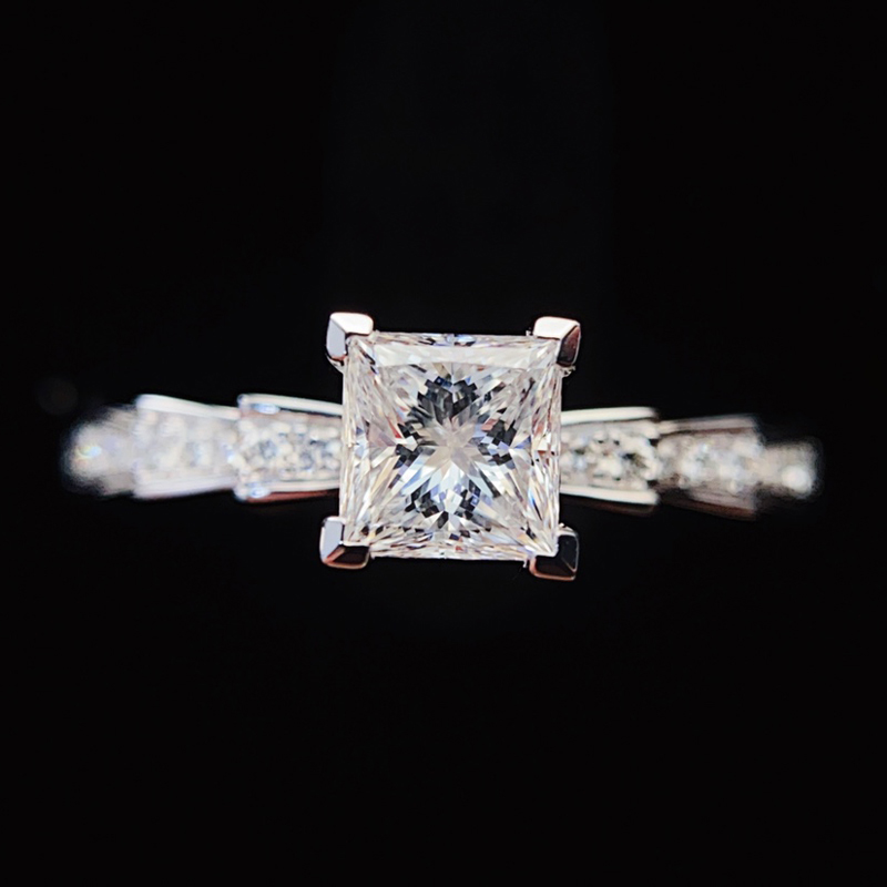 Princess Cut Four Prong Lab Diamond Ring Tiered Pave Shank White Gold