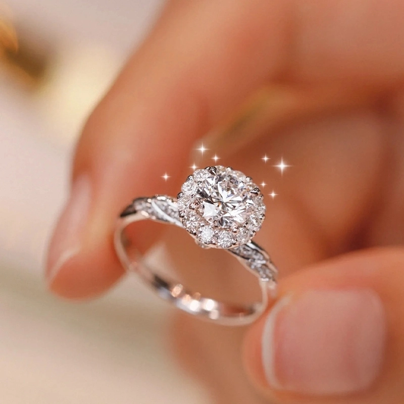 Round Cut Halo Twisted Shank White Gold Lab Grown Diamond Romantic Engagement Ring