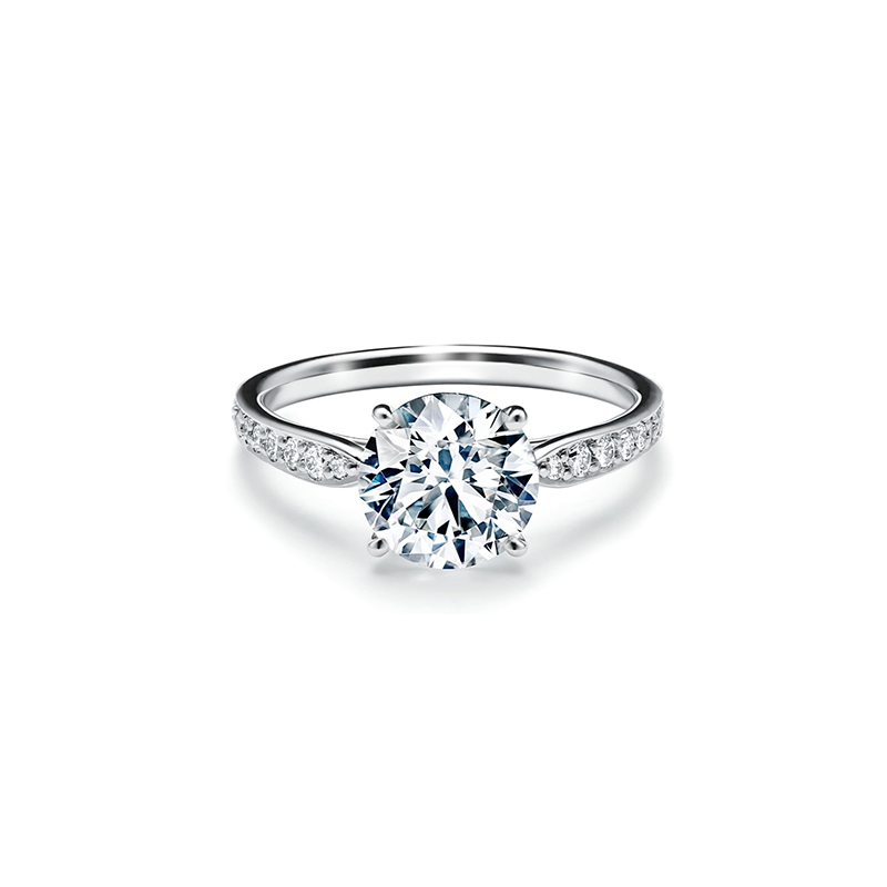 4 Prong Round Cut Solitaire Diamond Engagement Ring With Half Channel Pave Tapered Band