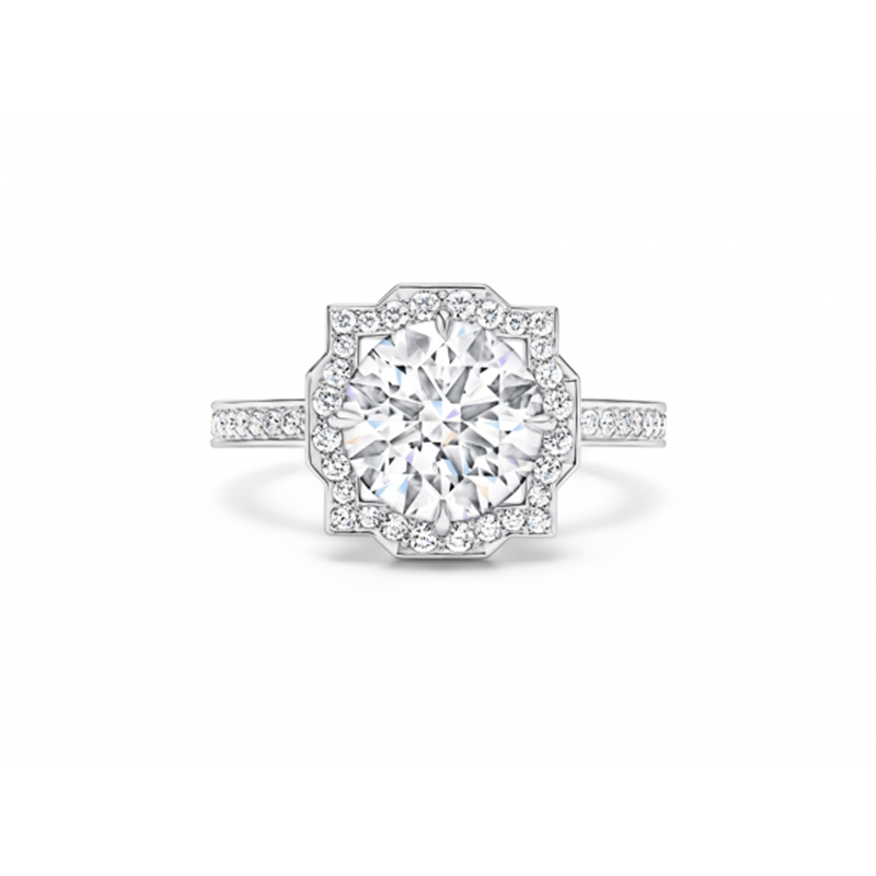 Round Cut Stone Octagonal Art Deco Halo Pave Engagement Ring With Channel Pave Band