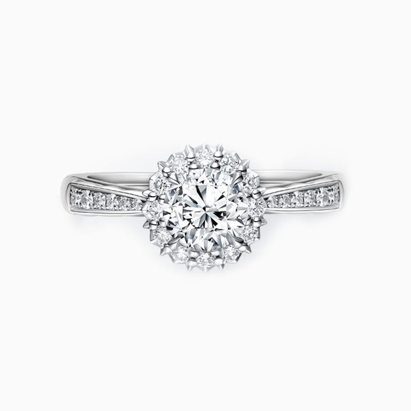 Round Main Stone Multi Prong Floral Halo Engagement Ring With Tapered Pave Shank
