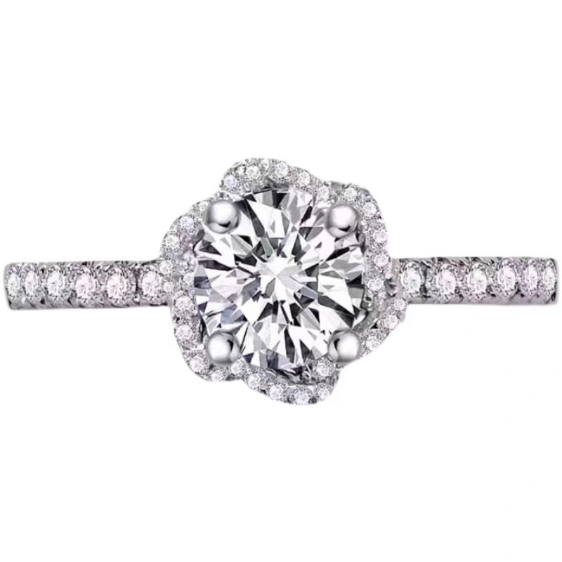 Brilliant Round Main Stone Hollow Floral Halo Engagement Ring With Half Pave Band