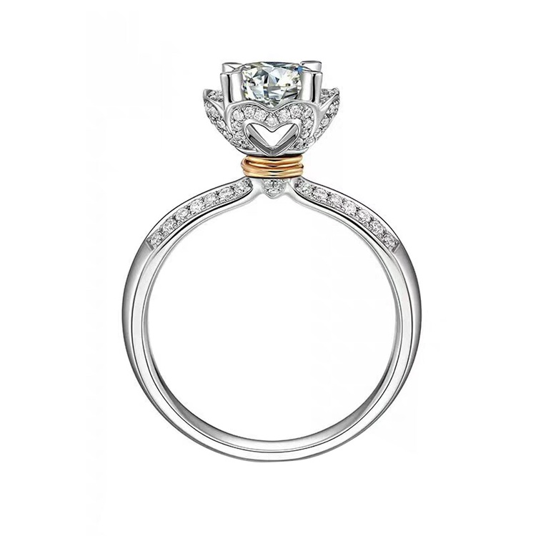 Solitaire 4 Prong Hand Bouquet Shaped Hidden Halo Engagement Ring