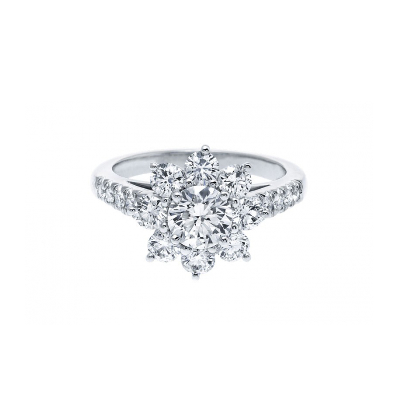 9 Stone Sunflower Shape Diamond Ring With Half Pave White Gold Band