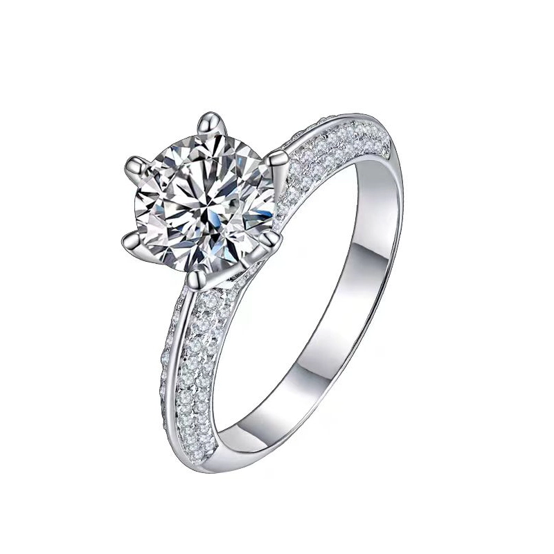 Lab Grown Diamond 6 Prong Engagement Ring With Double Row Pave Band