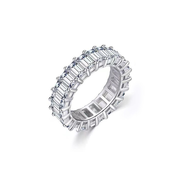 Full Eternity Emerald Cut Prong White Gold Synthetic Diamond Stackable Wedding Band