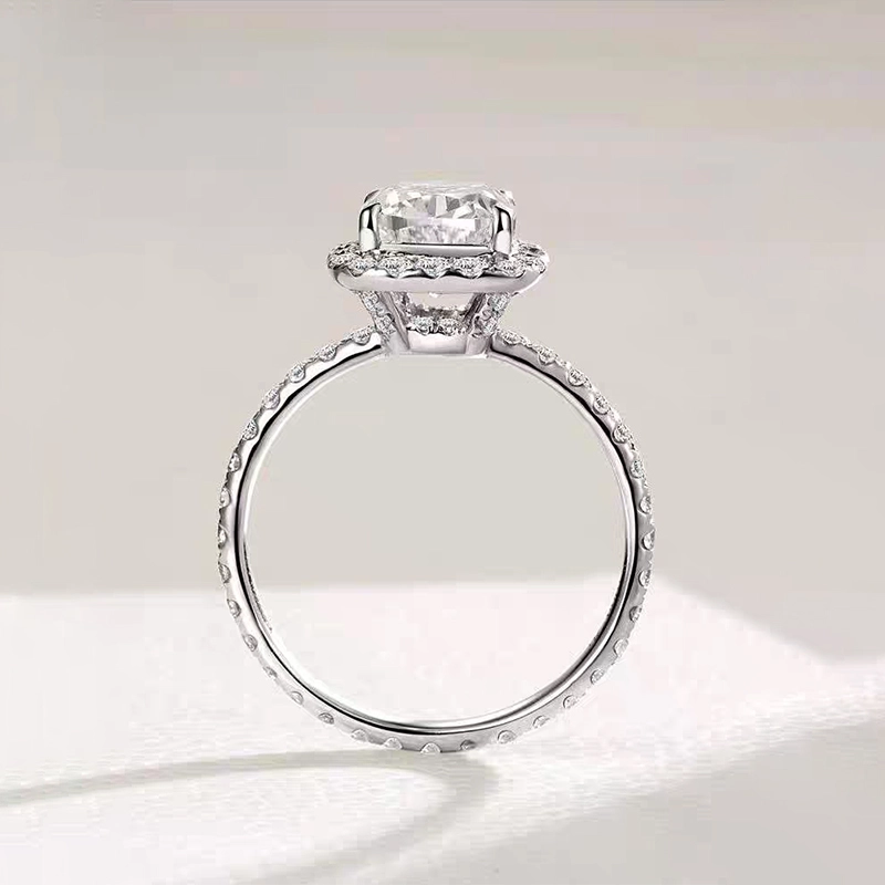 Cushion Cut Main Stone Halo & Hidden Halo Lab Diamond Ring With Full Pave Band