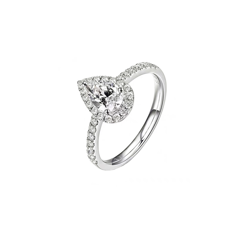 Pear Cut Halo Lab Cultured Diamond Engagement Ring With Half Pave Band