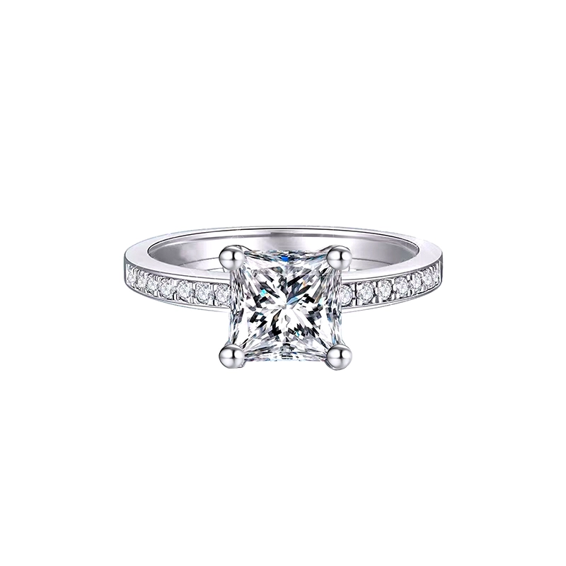 Princess Cut Soltaire Synthetic Diamond Engagement Ring With Half Channel Pave Band