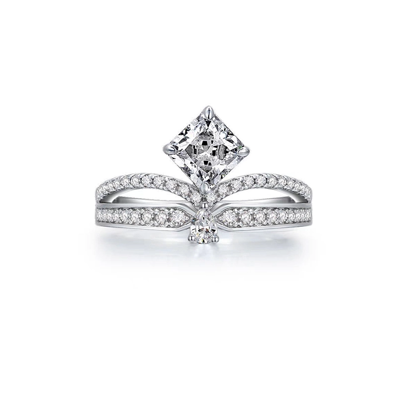 Crown Shaped Lab Cultured Diamond Ring With Half Pave Split Shank Band