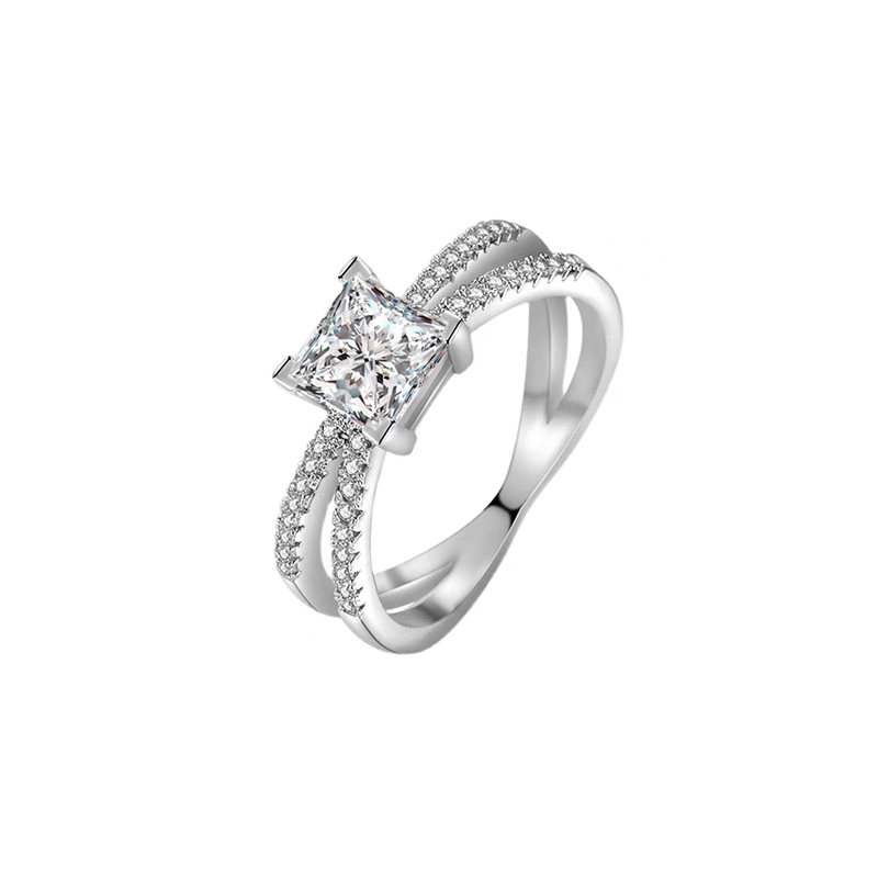 Four Prong Princess Cut Solitaire Diamond Ring With Half Pave Double Crisscross Band