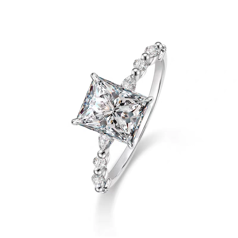 Brilliant Princess Cut Diamond Engagement Ring With Pear & Round Accents Shank