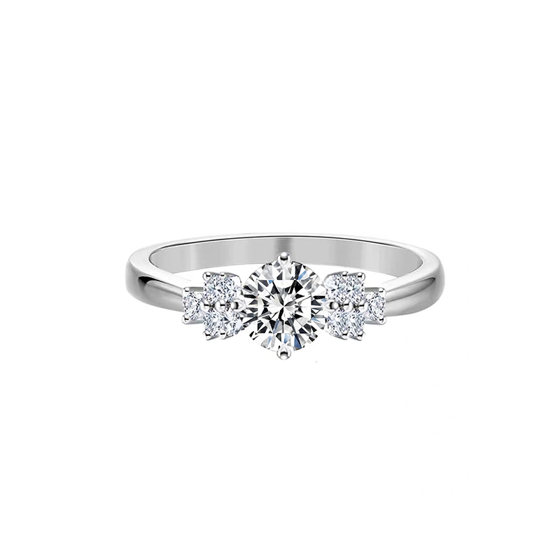 Round Cut Three Stone Pave White Gold Lab Created Diamond Timeless Ring