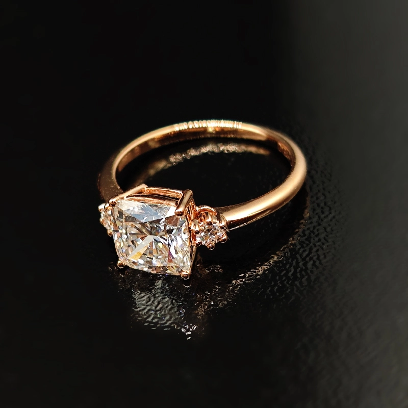 3 Stone Cushion Cut Main Stone Synthetic Diamond Ring With Round Polished Band