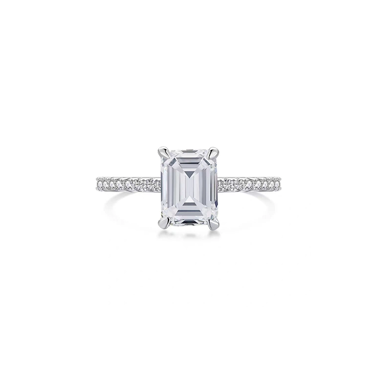 Emerald Cut Solitaire Diamond Ring With Single Row Pave Band in White Gold