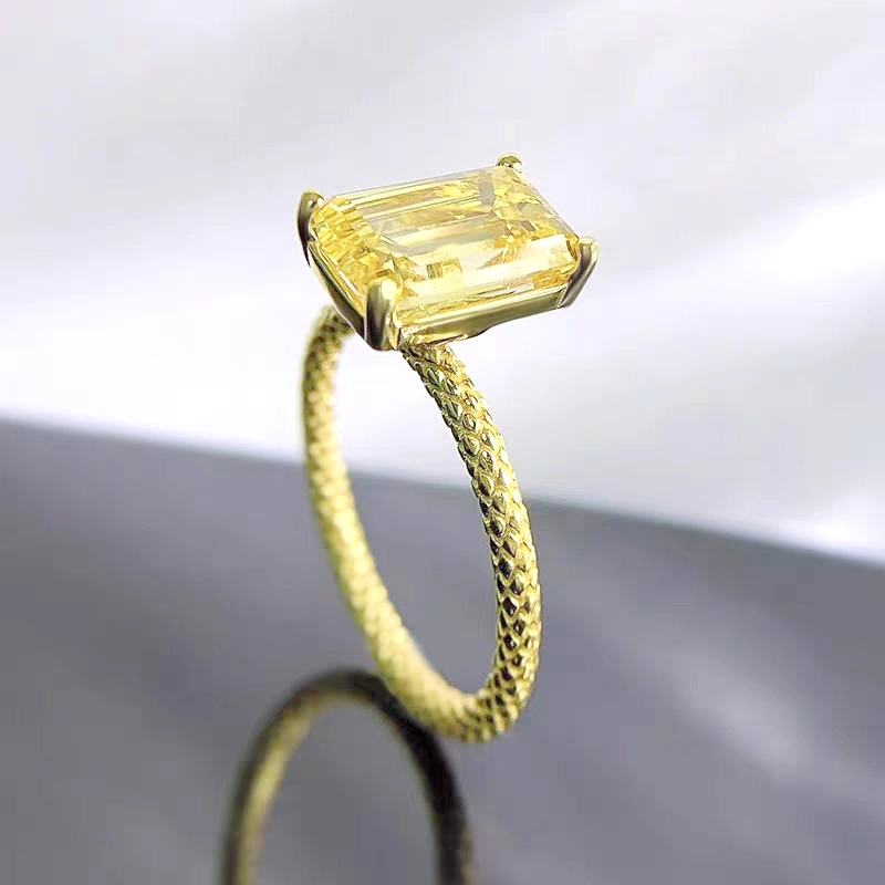 Four Prong Emerald Cut Solitaire Yellow Lab Diamond Ring With Rope Texture Band