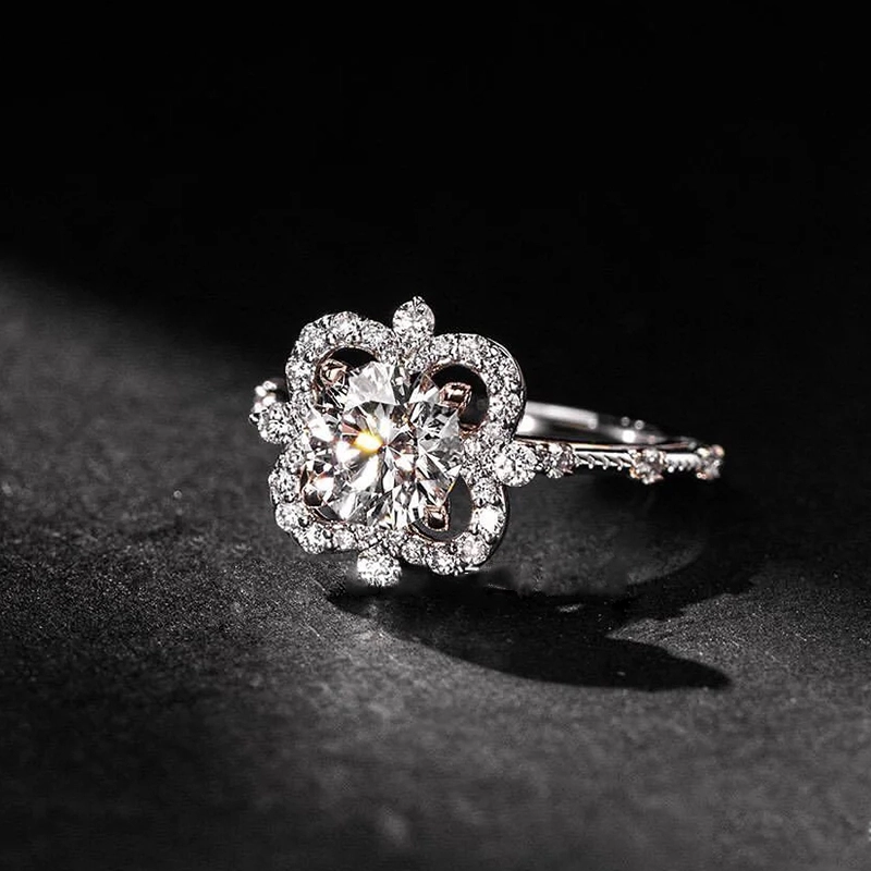 Round Cut Main Stone Hollow Floral Halo Diamond Ring With Accent Shoulder Band