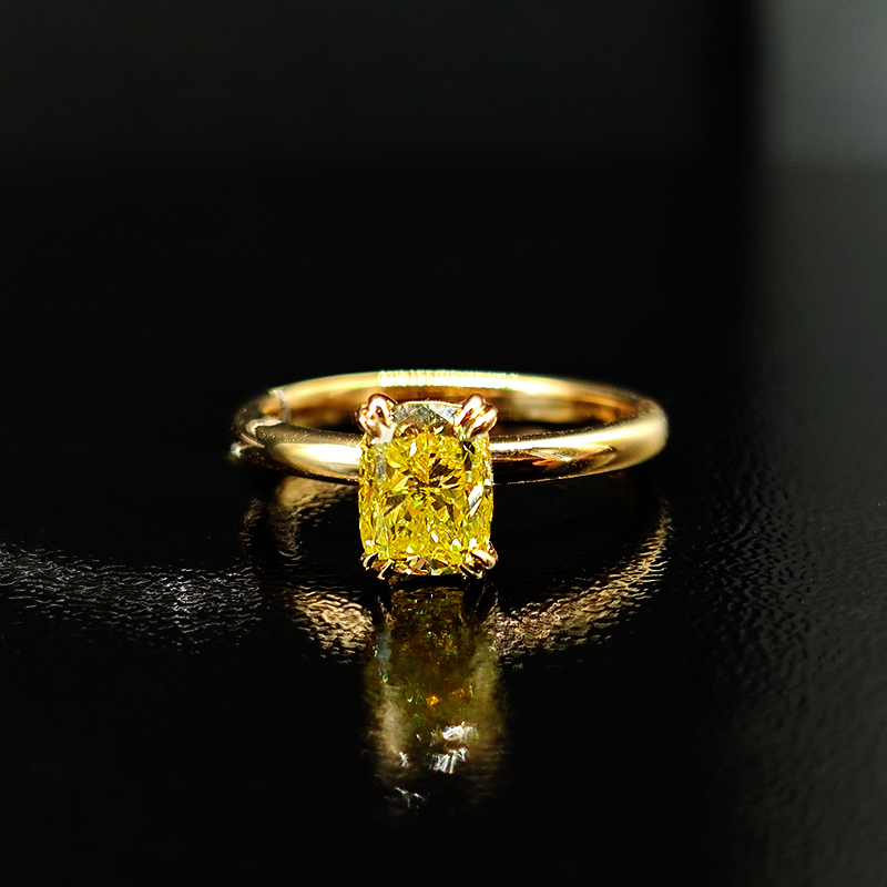 Cushion Cut Four Prong Yellow Lab Diamond Engagement Ring With Plain Round Band