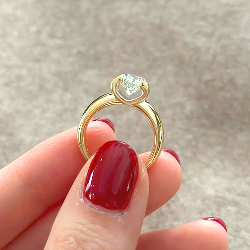Round Cut Solitaire Heart Deco Float Setting Synthetic Diamond Ring With Plain Band