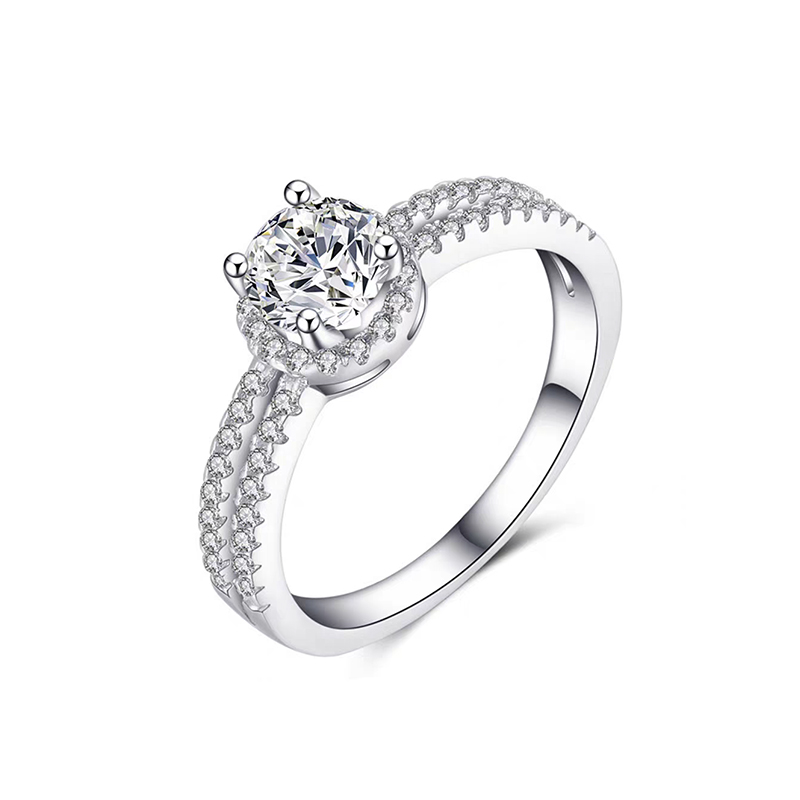 Low Profile Round Cut Halo Diamond Ring With Split Double Row Half Pave Band