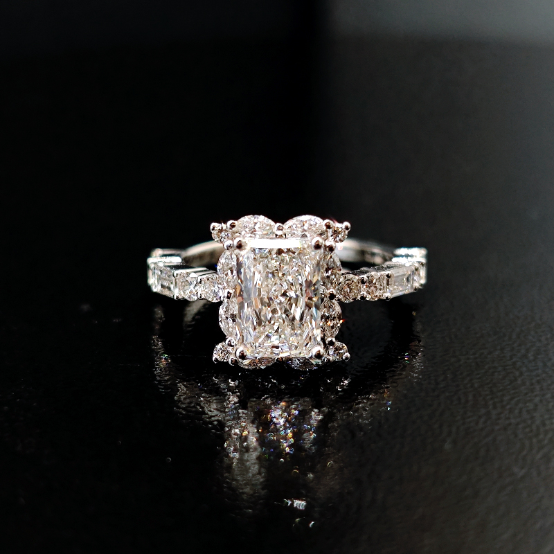 Sparkling Radiant Cut Marquise Side Accents Diamond Ring With Round & Emerald Accents On Shoulder