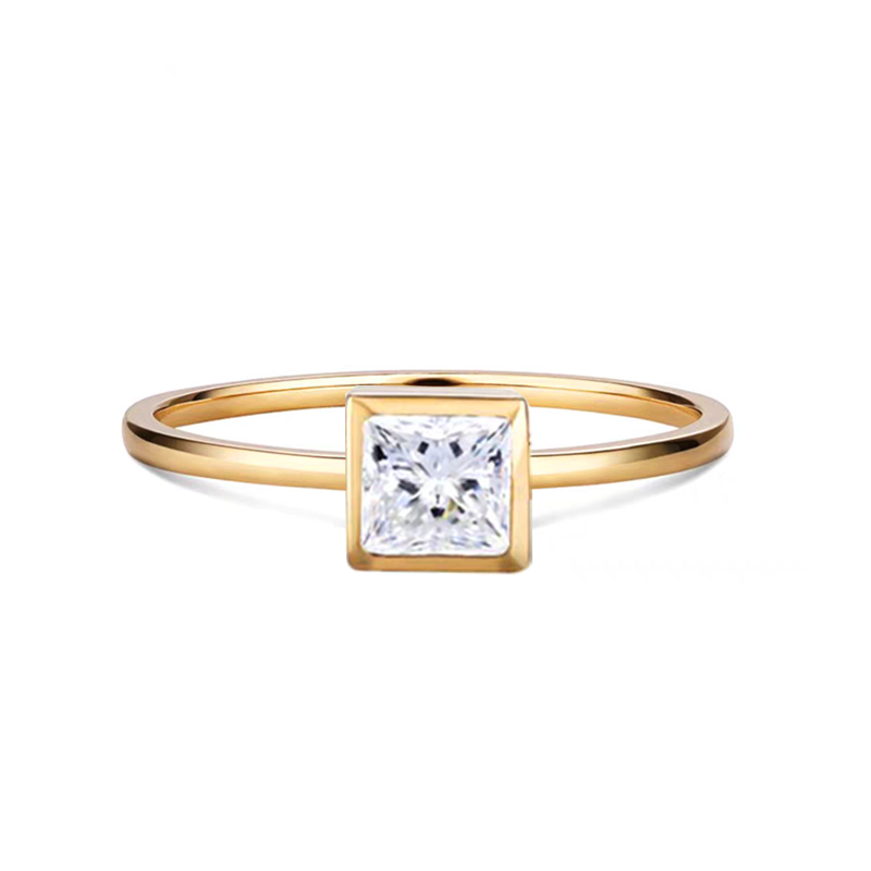 Princess Cut Solitaire Square Bezel Lab Diamond Engagement Ring With Slim Plain Band