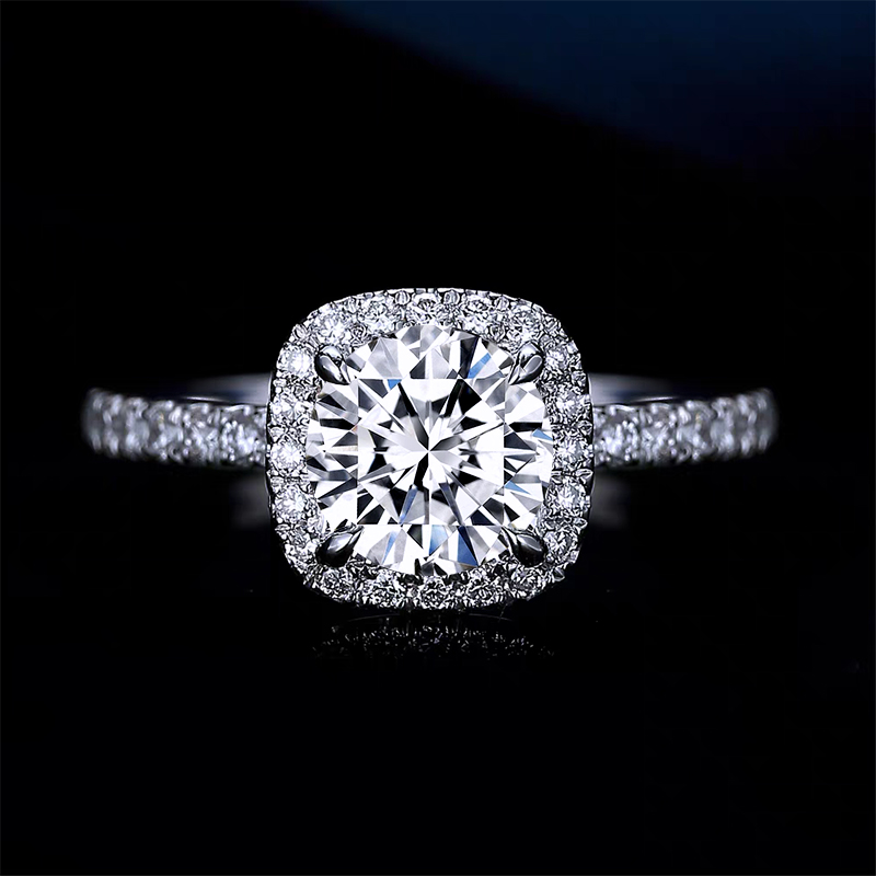 Round Cut 4 Prong & Cushion Halo Lab Diamond Ring With Half Pave Band