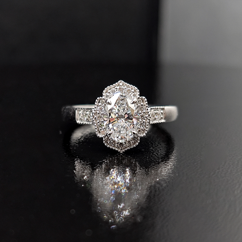 Oval Cut Floral Deco Halo Cultivated Diamond With Pave Shoulder Slim Band