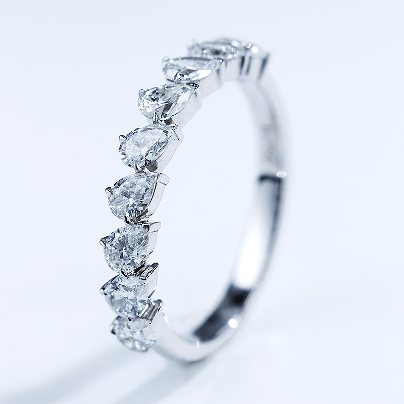 9 Tiny Pear Cut Half Paving Synthetic Diamond Wedding Ring in 18K White Gold
