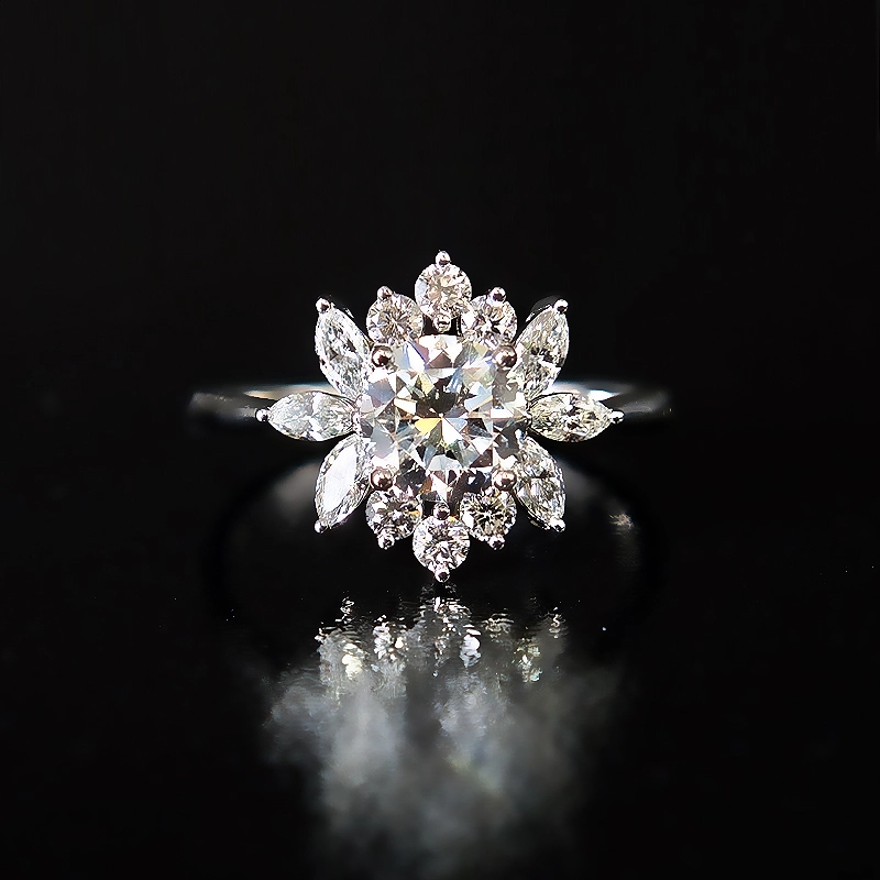 Round Center Stone Floral Motif Side Accents Diamond Ring With Plain Band