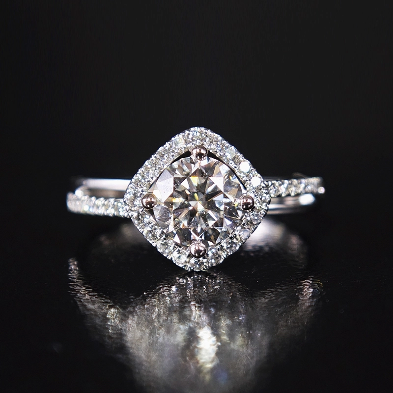 Round Cut Center Stone Cushion Shaped Halo Diamond Ring With Half Pave Shank