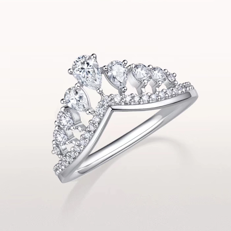Crown Motif Pear & Round Cut Lab Diamond Ring With Single Side Half Pave Curved Shank