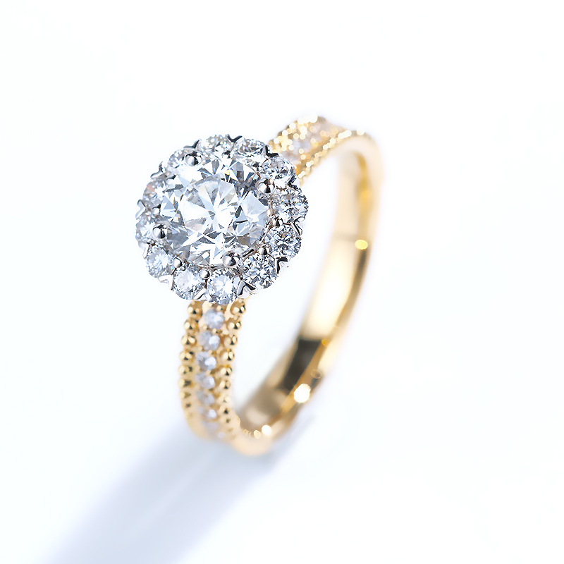 Floral Halo Hidden Prong Man Made Diamond Ring with Half Pave Band