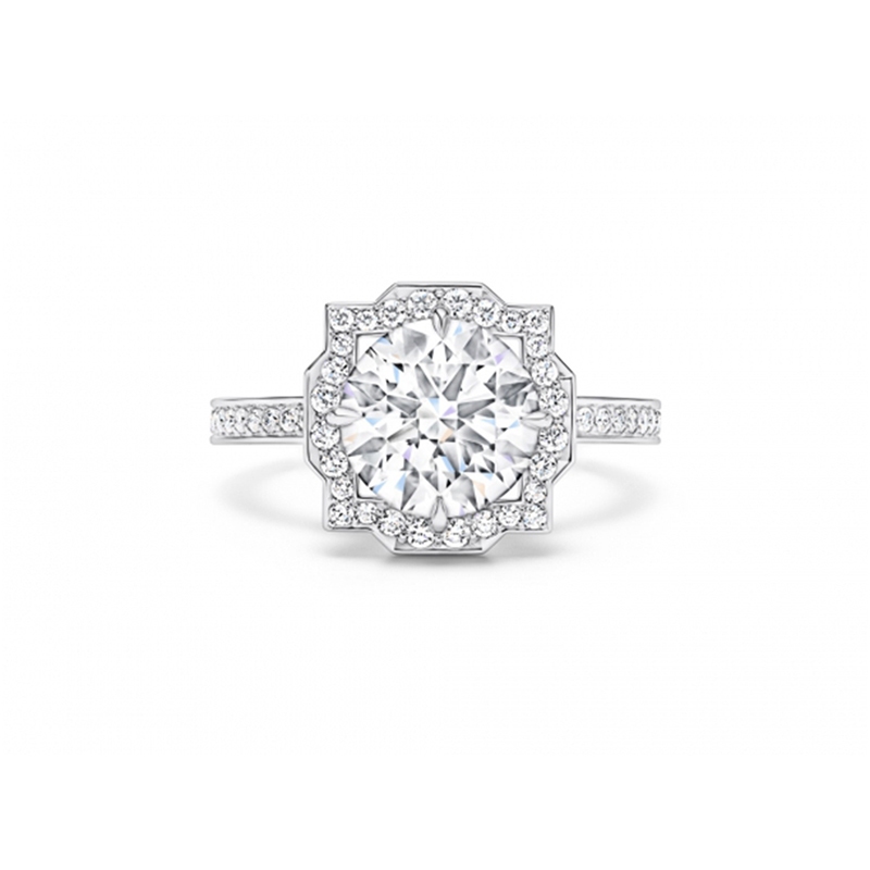 Octagonal Halo Round Cultivated Diamond Paved Shank Engagement Ring
