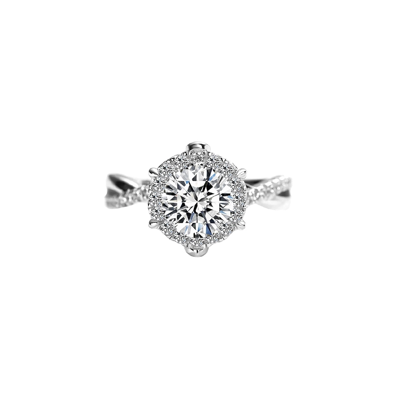 Round Cut Solitaire Bud Setting Halo Diamond Ring With Twisted Singel Row Half Pave Shank