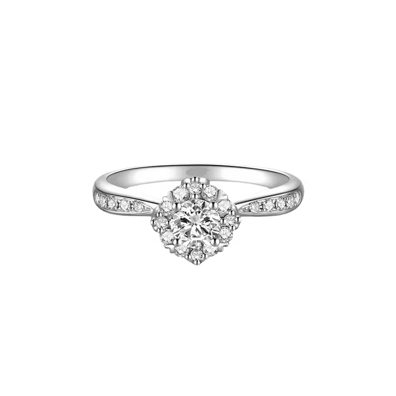 Round Cut Main Stone Bud Head Halo Diamond Ring With Tapered Pave Shank