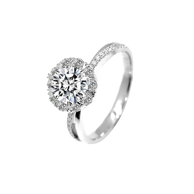 Round Cut Halo Multi Heart Shaped Prong Diamond Ring With Symmetric Dual Half Pavé Shoulders