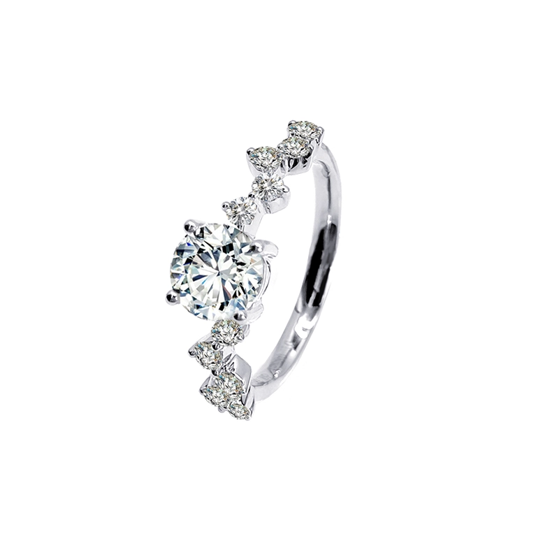 Classic 4 Prong Round Cut Diamond Ring With Staggered Accent on Both Shoulders