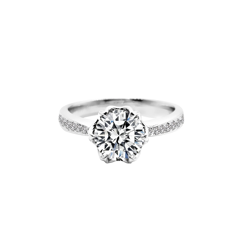 Floral Shaped Head Solitaire Round Cut Diamond Ring With Tapered Half Pave Shank