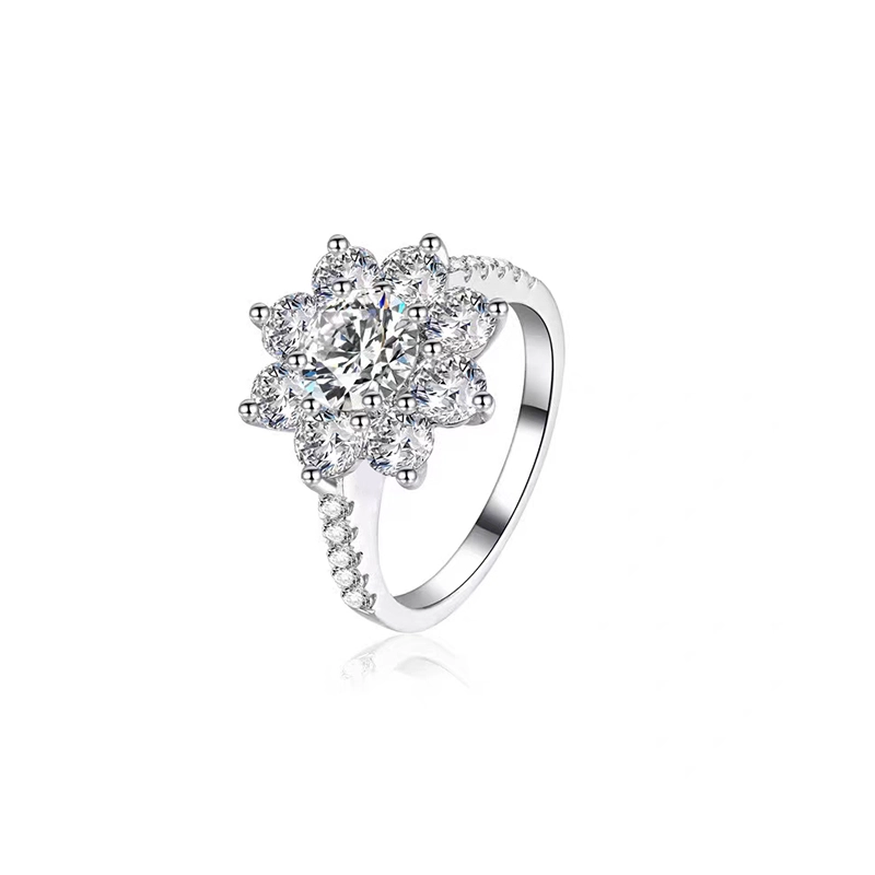 Sunflower Motif Man Made Diamond Ring With Pave Shoulders