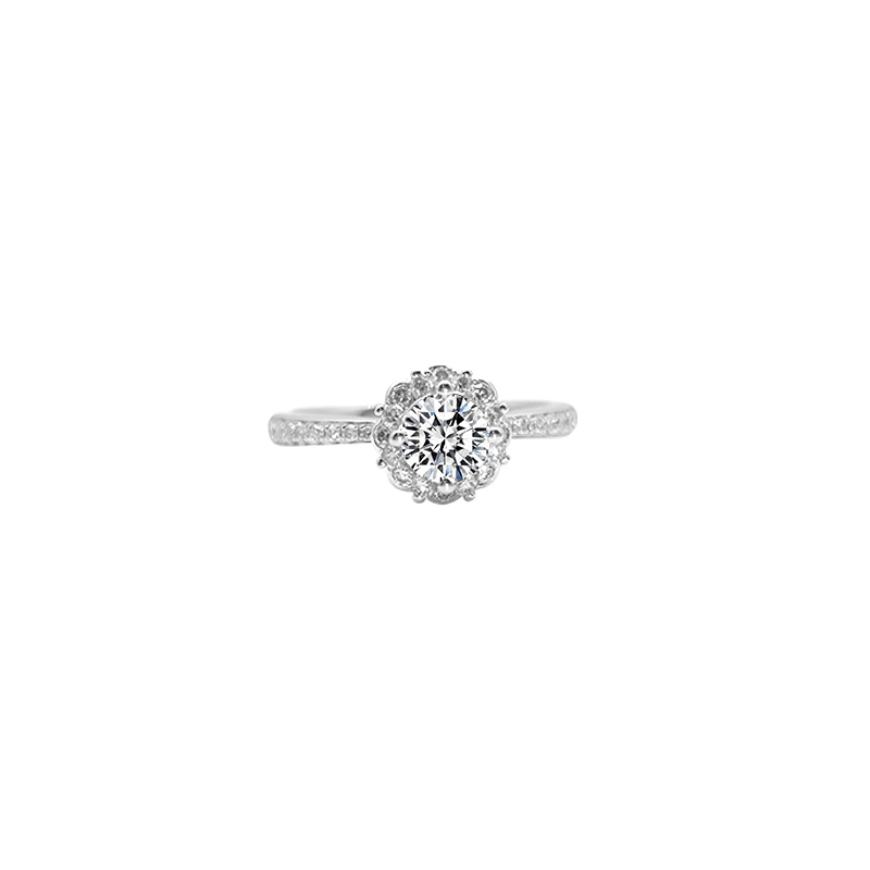 FLoral Head 4 Prong Round Cut Stone Halo Engagement Ring With Tapered Half Pave Shank