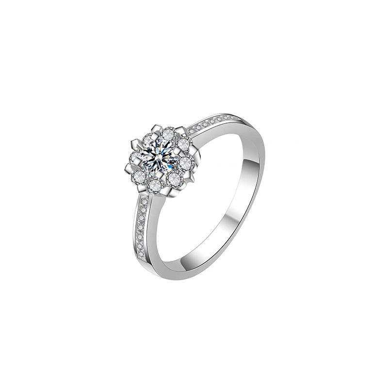 Floral Motif Round Center Stone Halo Diamond Ring With Tapered Pave Shoulder