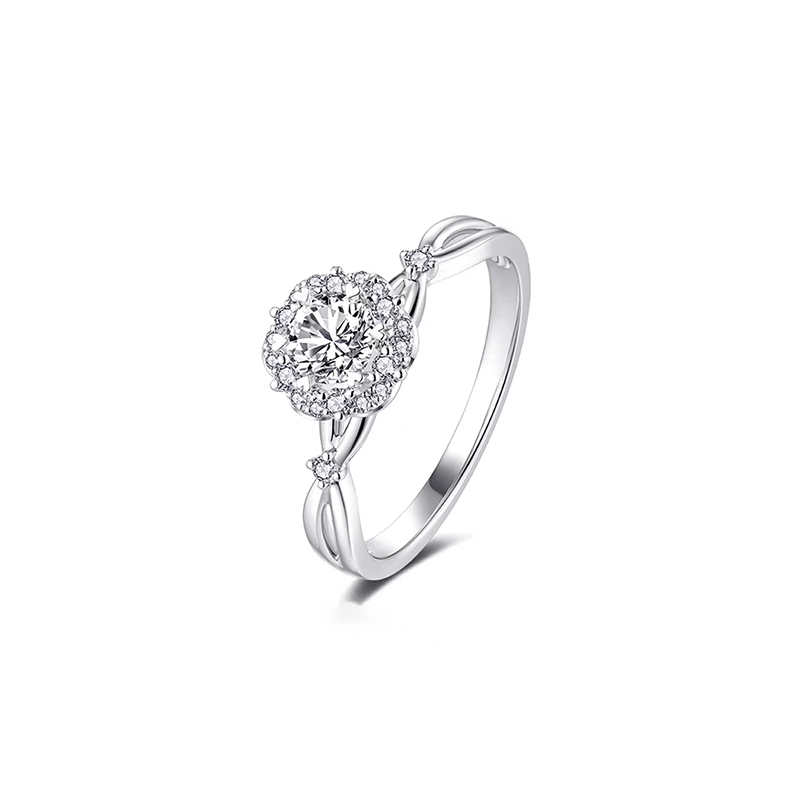 Hexagon Head Round Cut Halo Lab Cultured Diamond Ring With Crisscross Shoulder