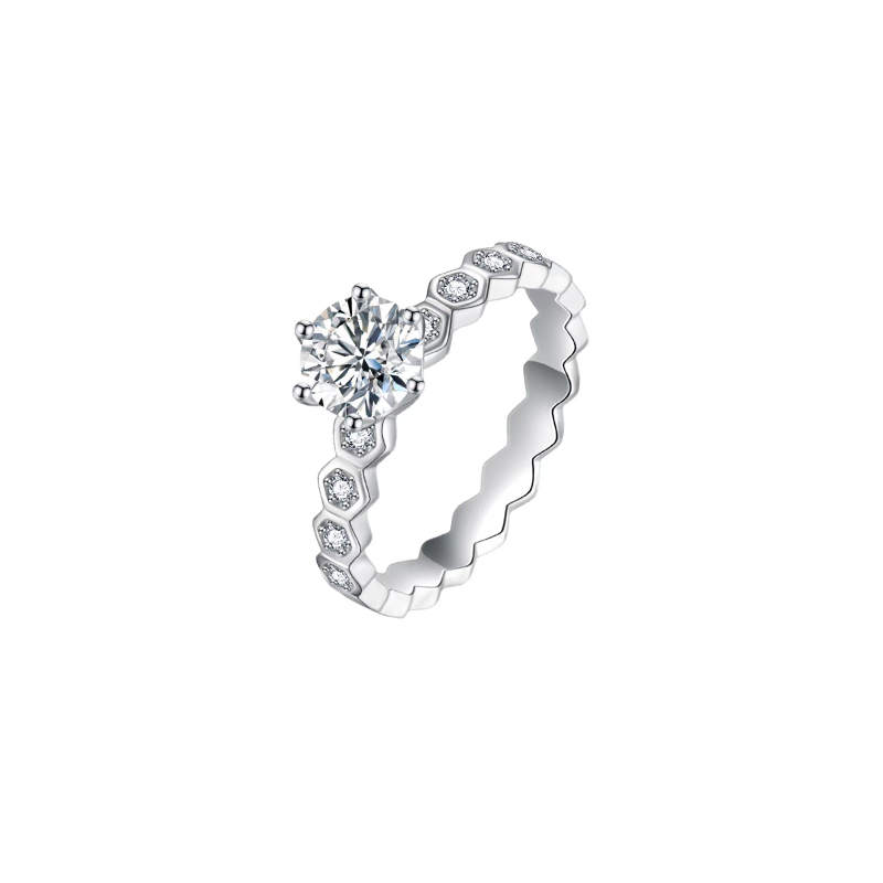 Six Prong Solitaire Synthetic Diamond Ring With Continuous Linked Hexagon Accents Shank