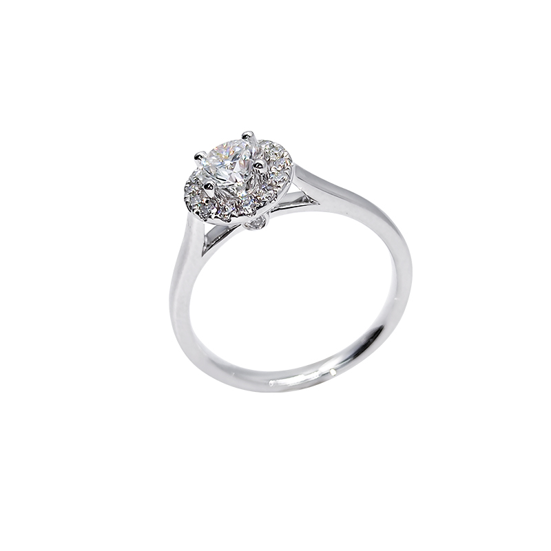 4 Prong Round Cut Single Halo Diamond Ring With Open V Smooth Raised Ridge Shank
