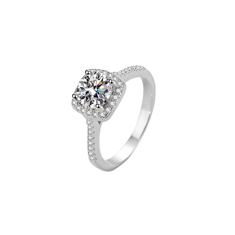 Single Round Cut Staggered Cushion Halo Diamond Ring With Half Eternity Polished Shank