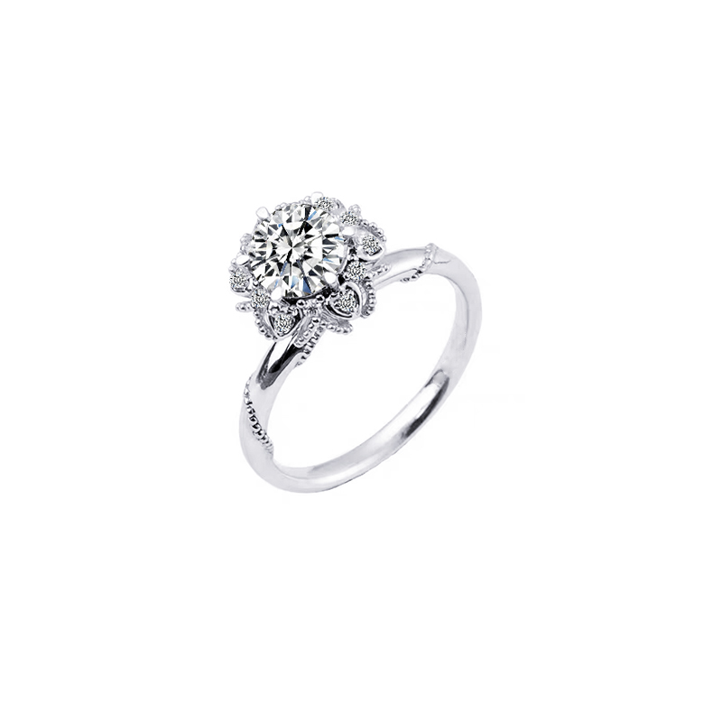 Single Round Stone & Floral Pave Head Ring With Single Twisted Beads On Round Shank