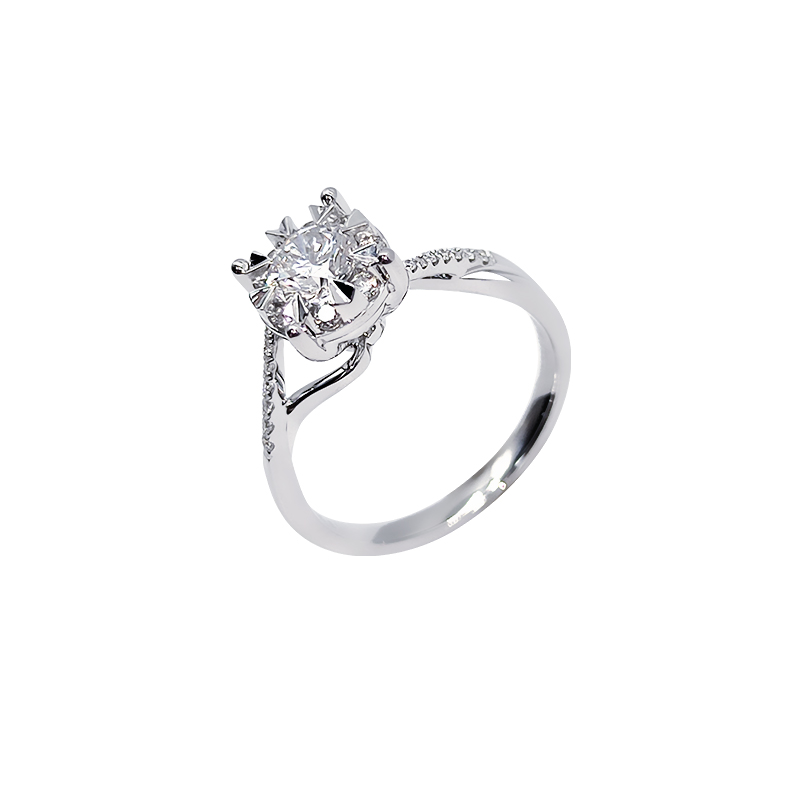 8 Prong Bud Head Round Cut Diamond Ring With Single Row Half Pave Cathedral Shank