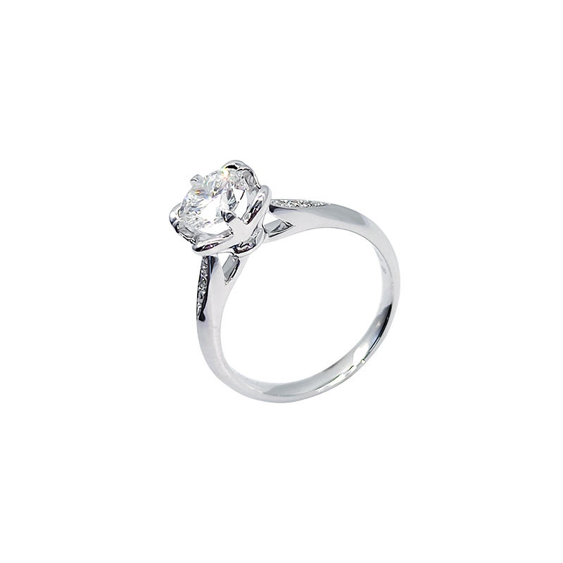 Solitaire Round Cut Floral Head Setting Diamond Ring With Open V-Shaped 1-thirds Pave Shank