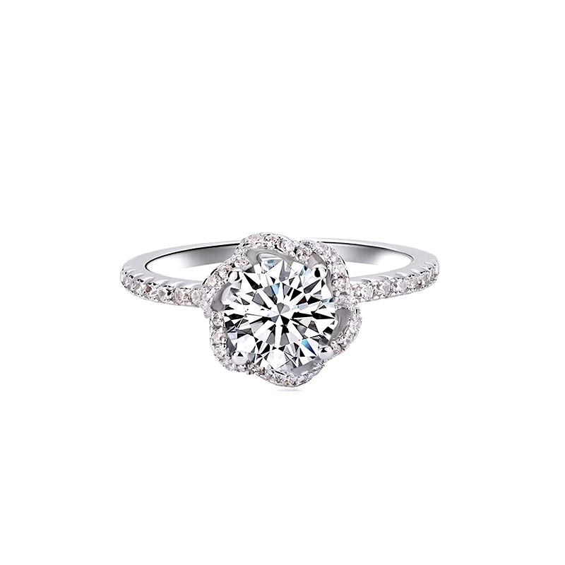 4 Prong Hollow Pave Bouquet Head High Profile Diamond Ring With Half Pave Thin Shank